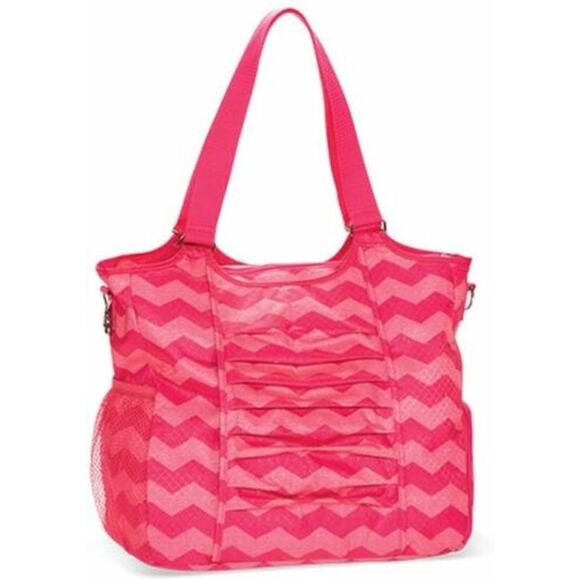 Thirty-One All Pro Tote Bag /Coral Punch Color /Chevron Fushia and Pink Striped - Picture 1 of 13
